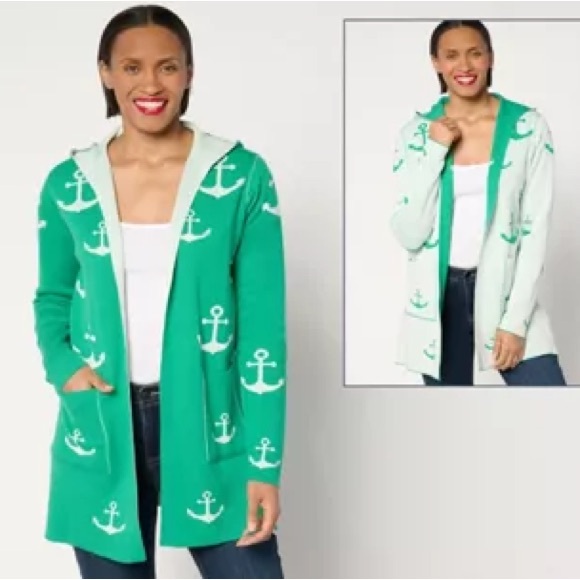 Belle by Kim Gravel Sweaters - Belle by Kim Gravel Yachtical Reversible Open Knit Cardigan Green/White Womens S
